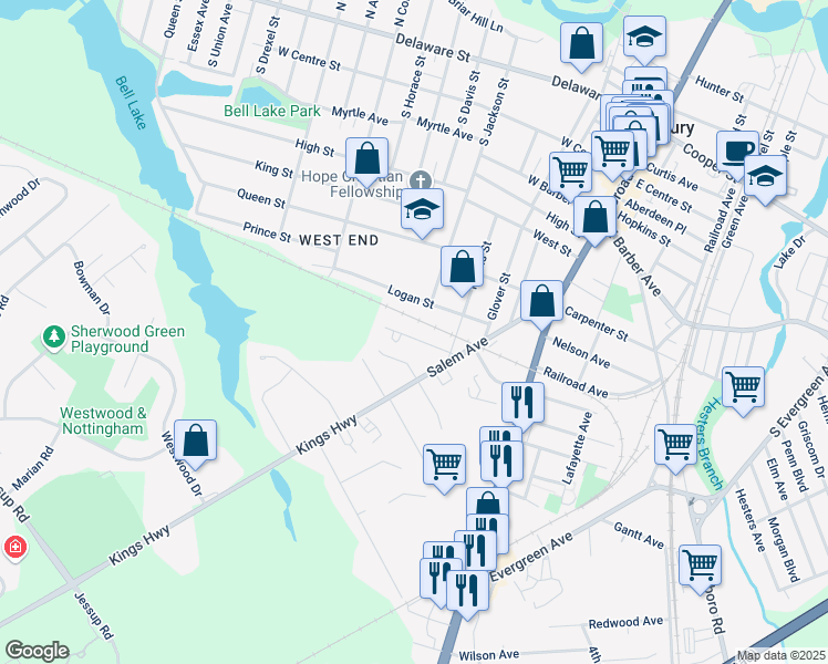 map of restaurants, bars, coffee shops, grocery stores, and more near 204 Emerson Street in Woodbury