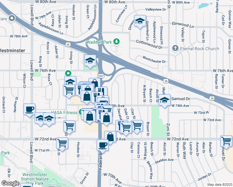 map of restaurants, bars, coffee shops, grocery stores, and more near 7491 Decatur Street in Westminster