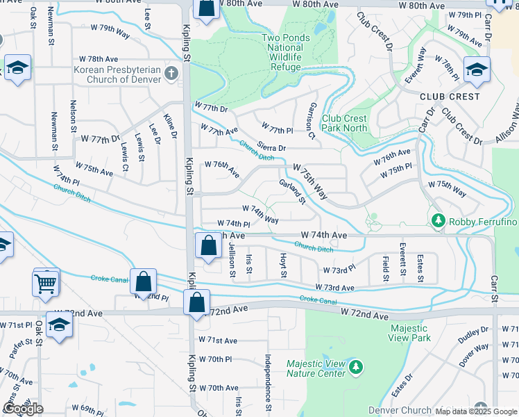 map of restaurants, bars, coffee shops, grocery stores, and more near 9692 West 75th Avenue in Arvada