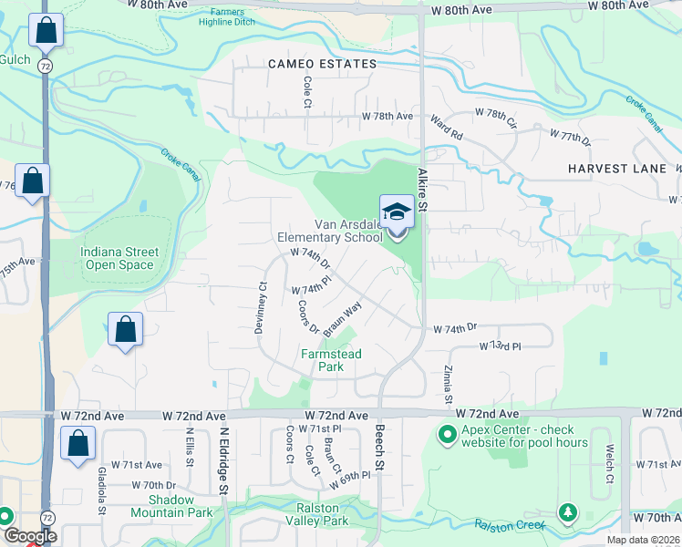 map of restaurants, bars, coffee shops, grocery stores, and more near 7525 Braun Court in Arvada