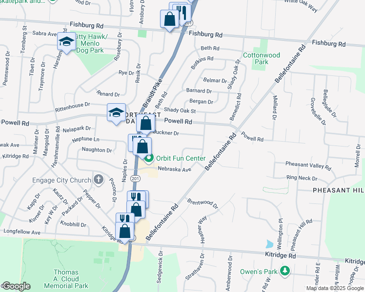 map of restaurants, bars, coffee shops, grocery stores, and more near 5244 Buckner Drive in Dayton