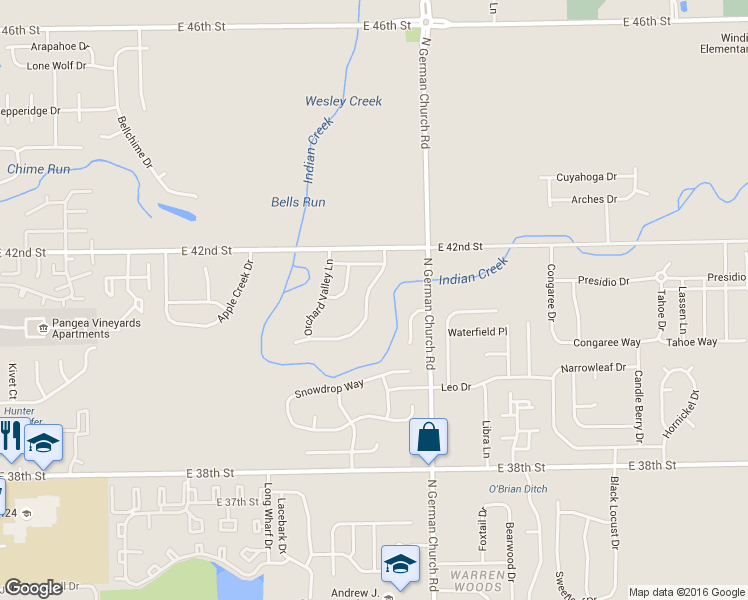 map of restaurants, bars, coffee shops, grocery stores, and more near 4123 Orchard Valley Boulevard in Indianapolis