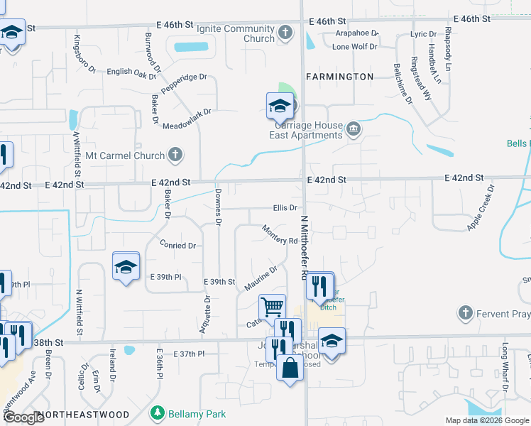 map of restaurants, bars, coffee shops, grocery stores, and more near 9920 Ellis Drive in Indianapolis