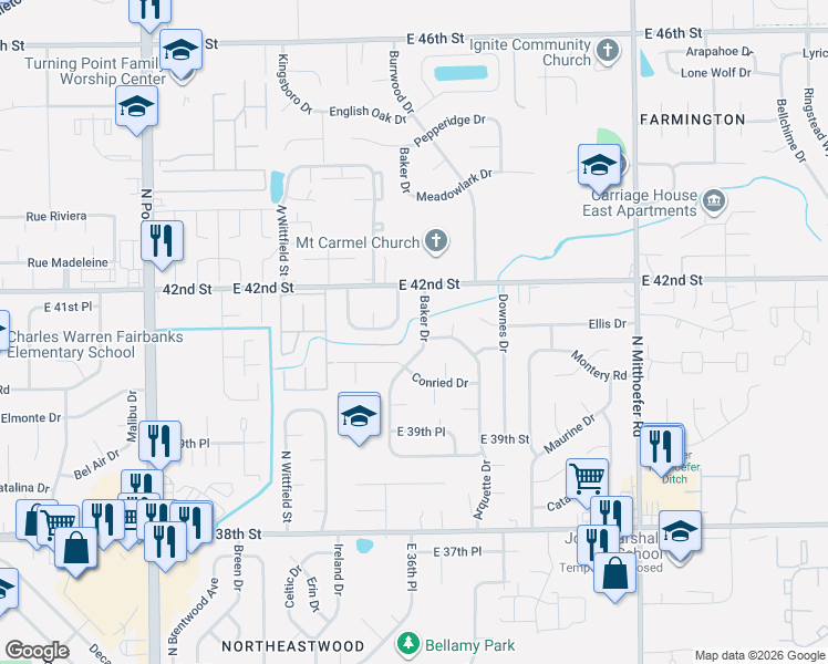 map of restaurants, bars, coffee shops, grocery stores, and more near 4114 Baker Drive in Indianapolis
