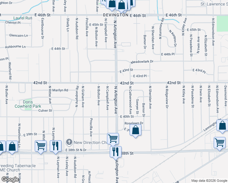 map of restaurants, bars, coffee shops, grocery stores, and more near 4150 North Arlington Avenue in Indianapolis