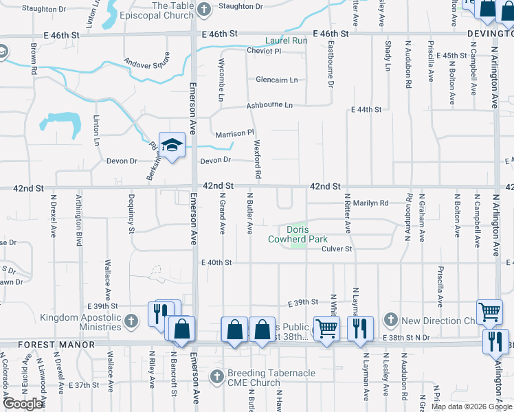 map of restaurants, bars, coffee shops, grocery stores, and more near 4154 North Butler Avenue in Indianapolis
