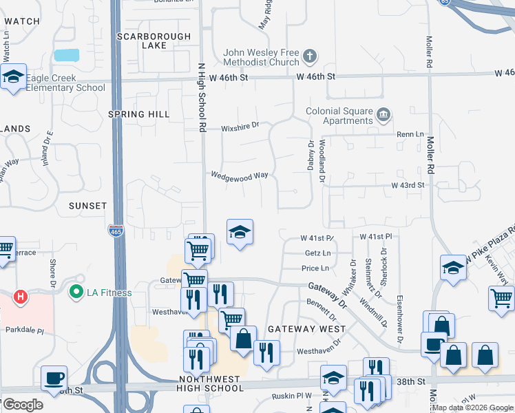 map of restaurants, bars, coffee shops, grocery stores, and more near 4257 Wedgewood Court in Indianapolis