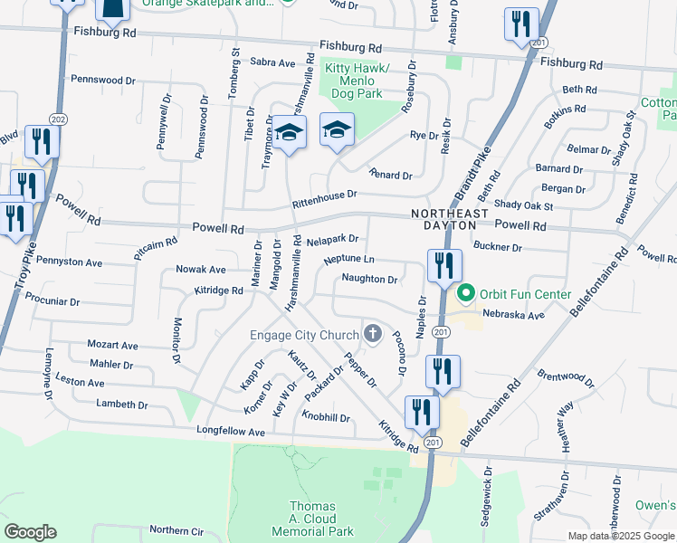 map of restaurants, bars, coffee shops, grocery stores, and more near 4837 Neptune Lane in Dayton
