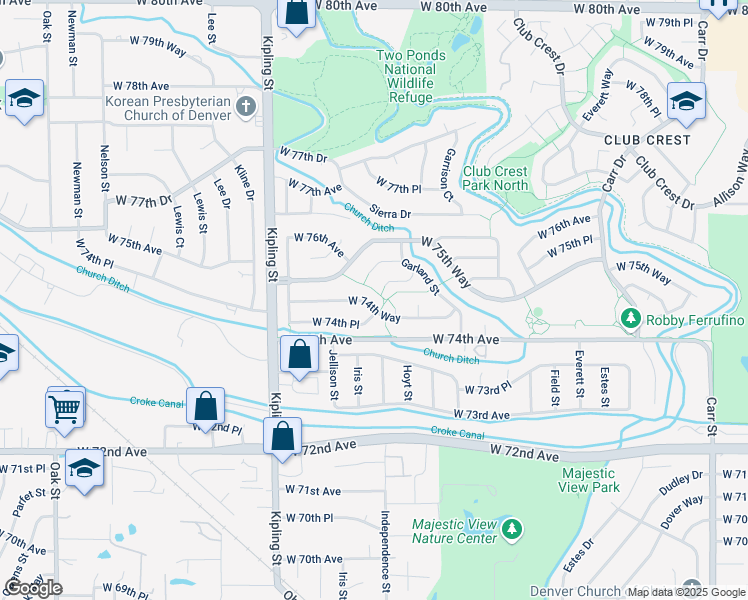 map of restaurants, bars, coffee shops, grocery stores, and more near 9692 West 75th Avenue in Arvada
