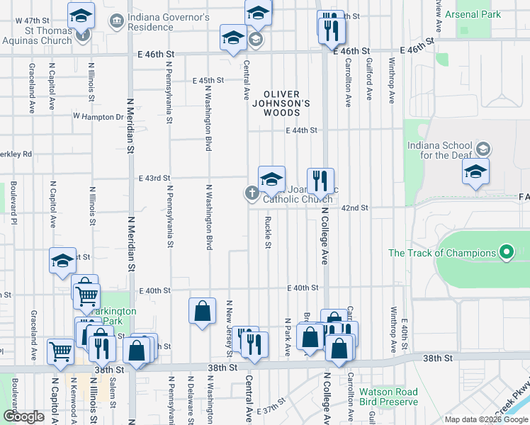 map of restaurants, bars, coffee shops, grocery stores, and more near 4201 Central Avenue in Indianapolis