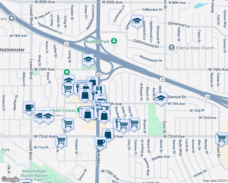 map of restaurants, bars, coffee shops, grocery stores, and more near 7491 Decatur Street in Westminster