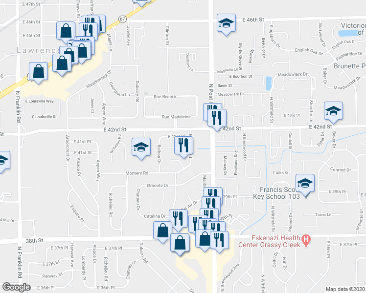 map of restaurants, bars, coffee shops, grocery stores, and more near 8820 Balboa Court in Indianapolis