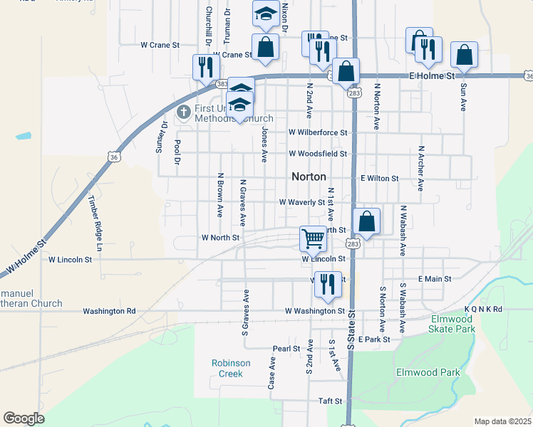 map of restaurants, bars, coffee shops, grocery stores, and more near 301-399 Jones Avenue in Norton