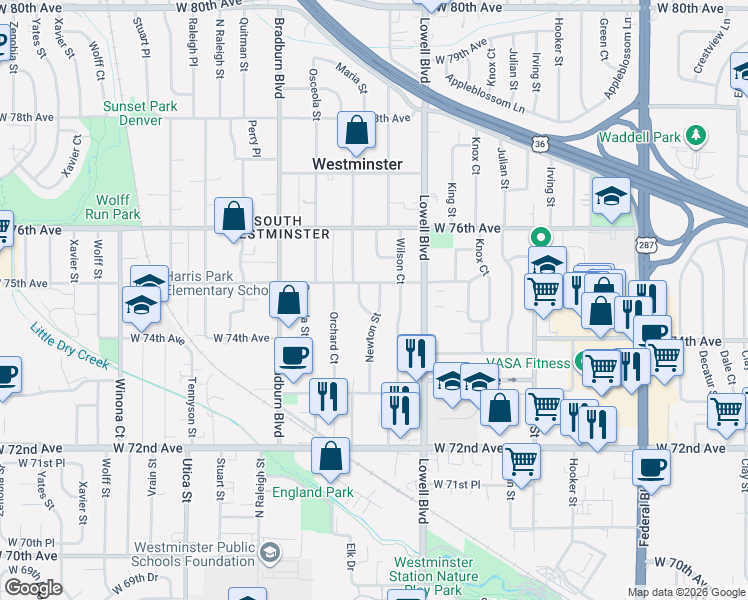 map of restaurants, bars, coffee shops, grocery stores, and more near 7490 Newton Street in Westminster
