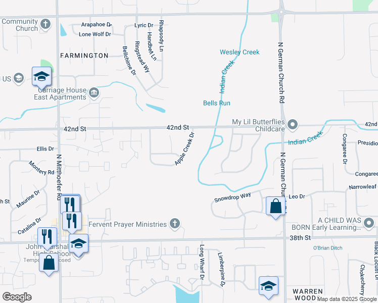 map of restaurants, bars, coffee shops, grocery stores, and more near 4123 Apple Creek Drive in Indianapolis