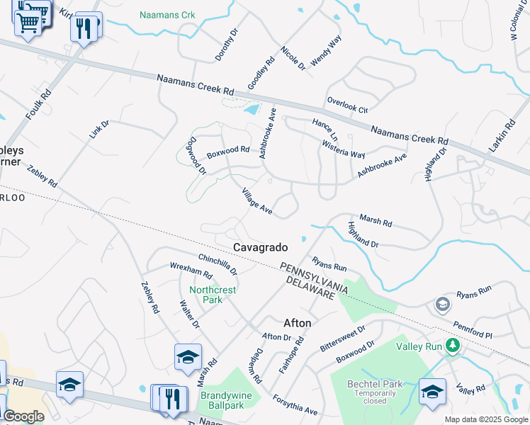 map of restaurants, bars, coffee shops, grocery stores, and more near 1670 Village Avenue in Garnet Valley