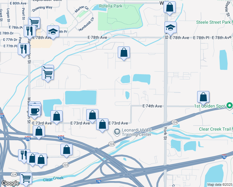 map of restaurants, bars, coffee shops, grocery stores, and more near 1800 East 75th Avenue in Denver