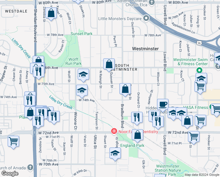 map of restaurants, bars, coffee shops, grocery stores, and more near 7485 Quitman Street in Westminster