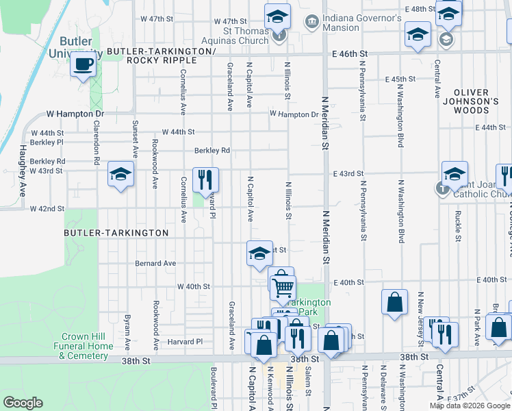map of restaurants, bars, coffee shops, grocery stores, and more near 4215 North Capitol Avenue in Indianapolis