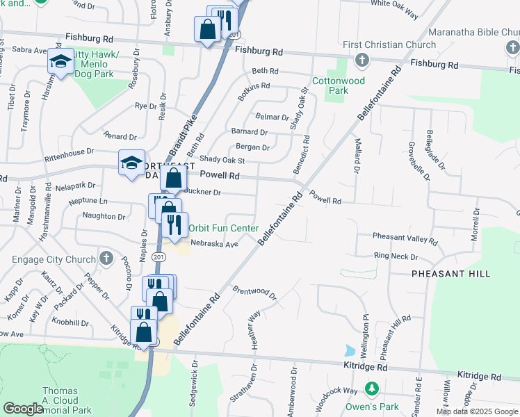 map of restaurants, bars, coffee shops, grocery stores, and more near 5470 Broomall Street in Dayton