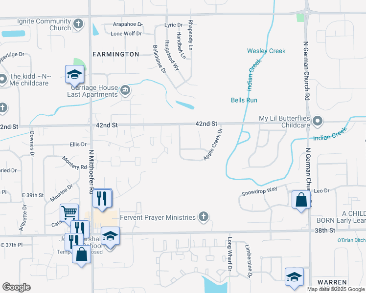 map of restaurants, bars, coffee shops, grocery stores, and more near 4109 Candy Apple Boulevard in Indianapolis