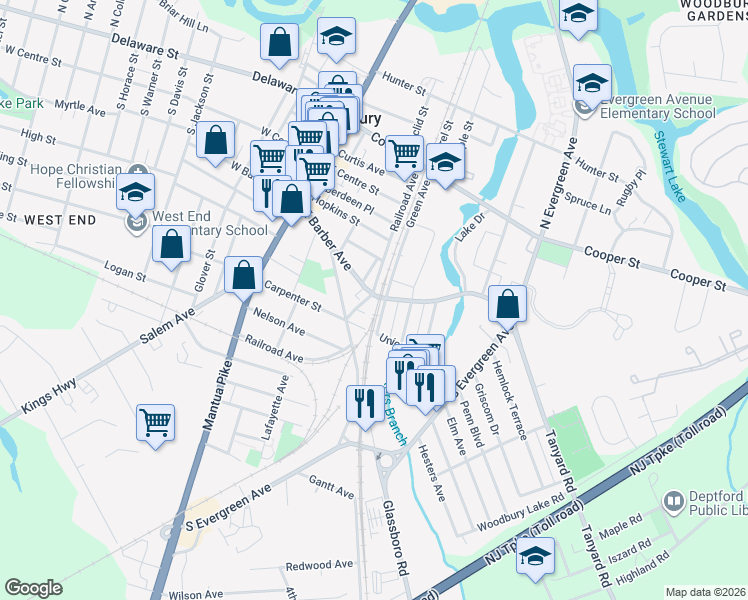 map of restaurants, bars, coffee shops, grocery stores, and more near 188 Green Avenue in Woodbury