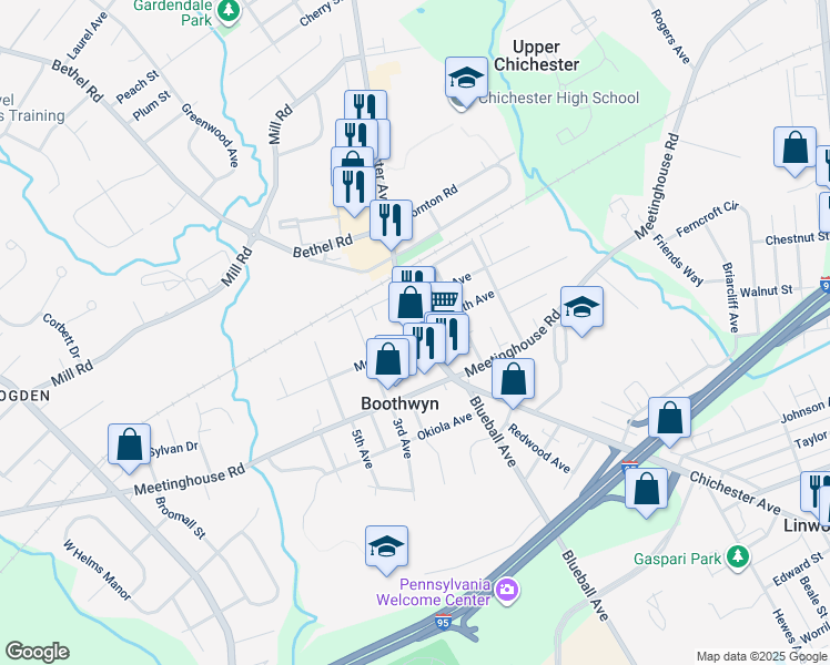 map of restaurants, bars, coffee shops, grocery stores, and more near 2820 Chichester Avenue in Boothwyn