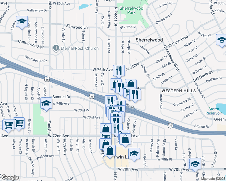 map of restaurants, bars, coffee shops, grocery stores, and more near 7479 North Pecos Street in Denver