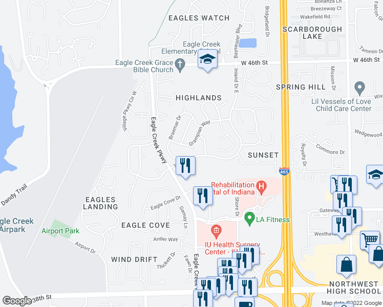 map of restaurants, bars, coffee shops, grocery stores, and more near 4314 Matrea More Court in Indianapolis
