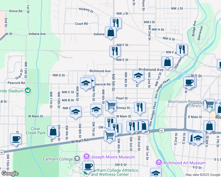 map of restaurants, bars, coffee shops, grocery stores, and more near 232 Northwest 5th Street in Richmond