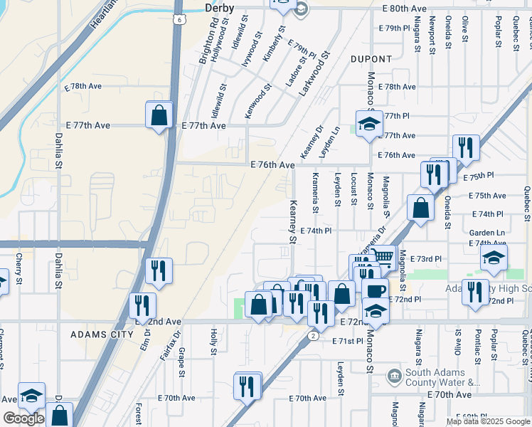 map of restaurants, bars, coffee shops, grocery stores, and more near 5941 East 74th Place in Commerce City