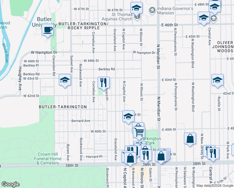 map of restaurants, bars, coffee shops, grocery stores, and more near 4218 Graceland Avenue in Indianapolis