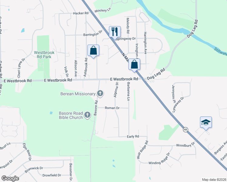 map of restaurants, bars, coffee shops, grocery stores, and more near 5909 Algoma Street in Dayton