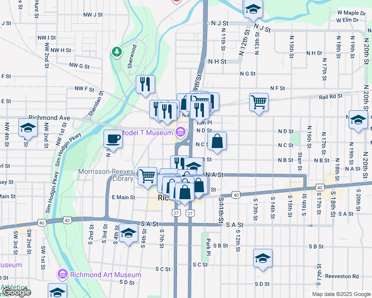 map of restaurants, bars, coffee shops, grocery stores, and more near 210 North 9th Street in Richmond