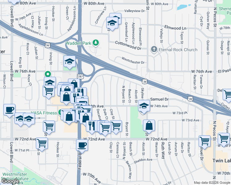 map of restaurants, bars, coffee shops, grocery stores, and more near 7488 Canosa Court in Westminster