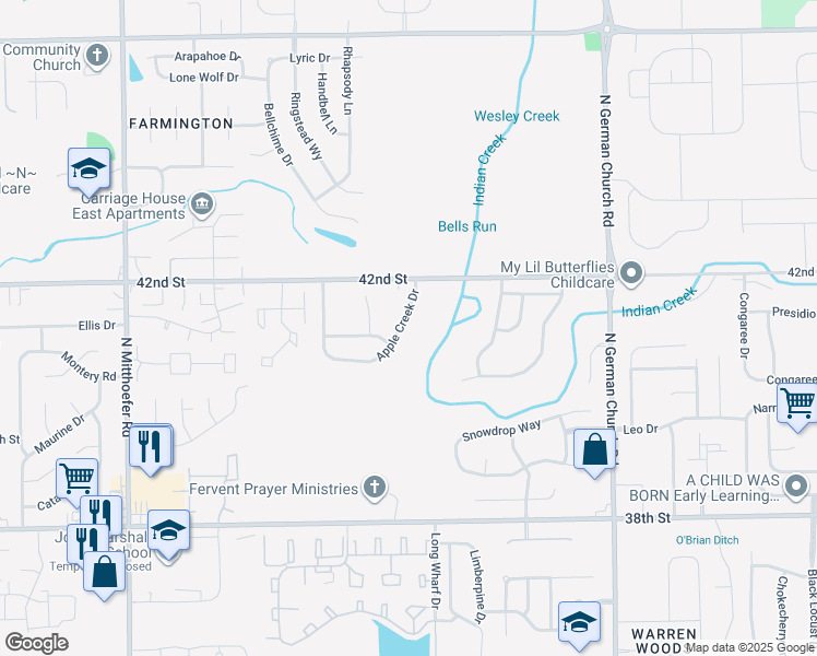 map of restaurants, bars, coffee shops, grocery stores, and more near 4127 Apple Creek Drive in Indianapolis