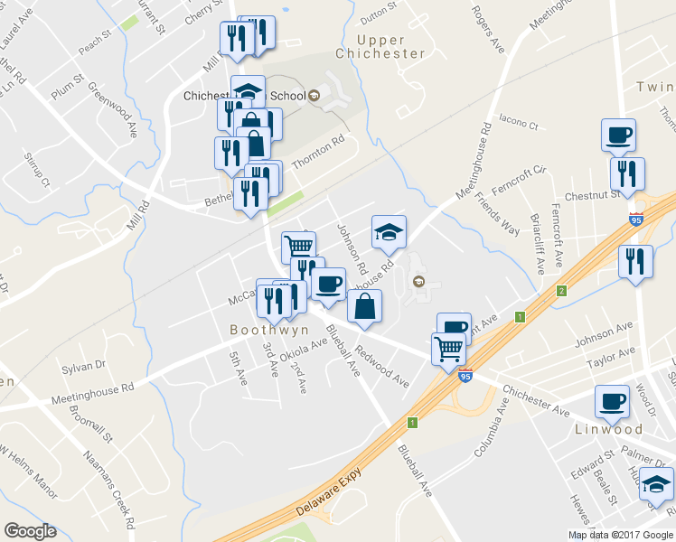 map of restaurants, bars, coffee shops, grocery stores, and more near 2614 Osborne Street in Boothwyn