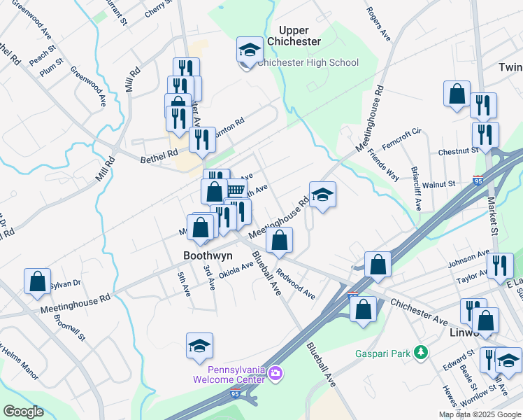map of restaurants, bars, coffee shops, grocery stores, and more near 2614 Osborne Street in Boothwyn
