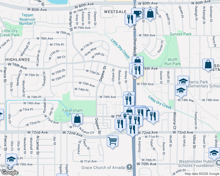 map of restaurants, bars, coffee shops, grocery stores, and more near 5512 West 75th Place in Westminster