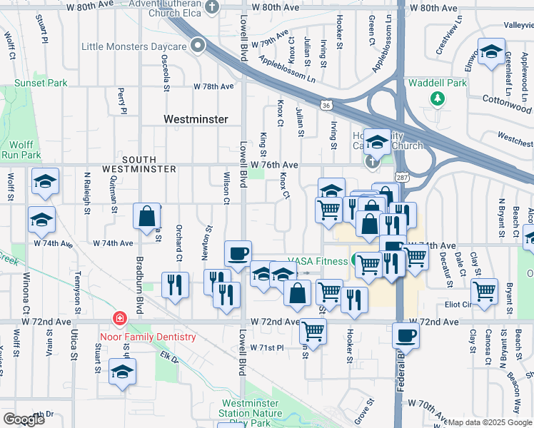 map of restaurants, bars, coffee shops, grocery stores, and more near 7481 Knox Place in Westminster