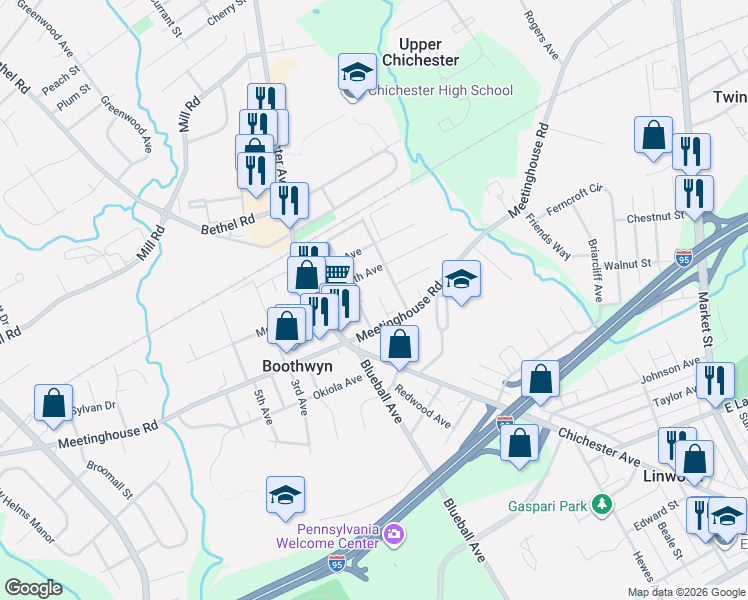 map of restaurants, bars, coffee shops, grocery stores, and more near 2614 Osborne Street in Boothwyn