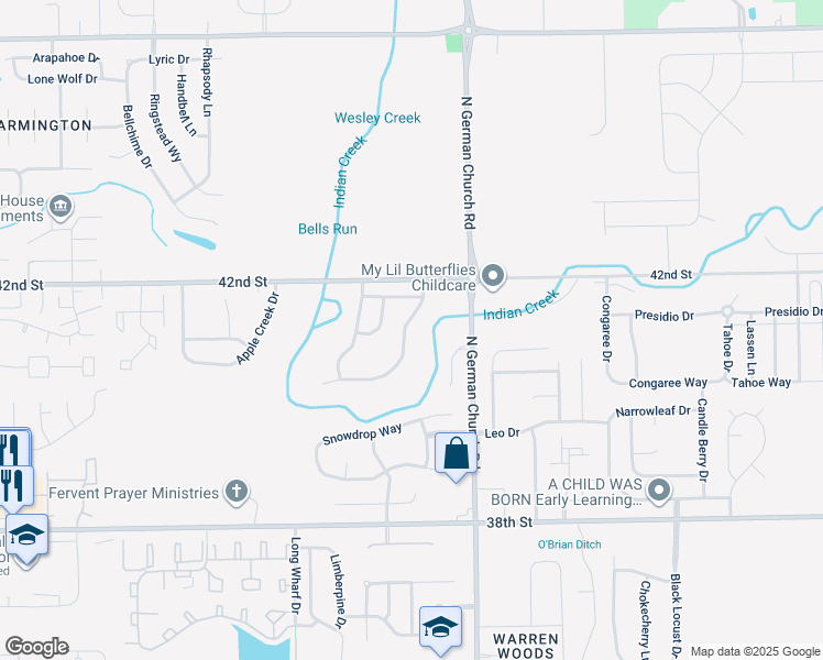 map of restaurants, bars, coffee shops, grocery stores, and more near 4123 Orchard Valley Boulevard in Indianapolis