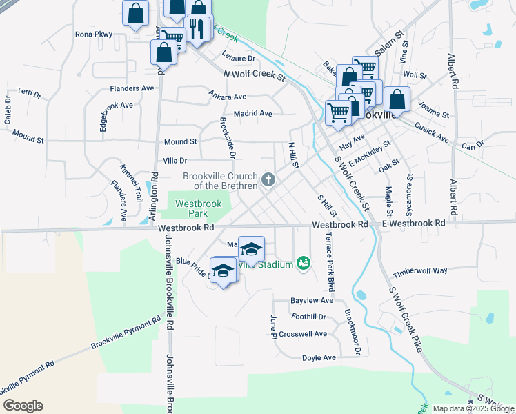 map of restaurants, bars, coffee shops, grocery stores, and more near 323 Western Avenue in Brookville