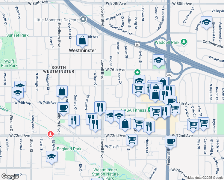 map of restaurants, bars, coffee shops, grocery stores, and more near 7481 Knox Place in Westminster