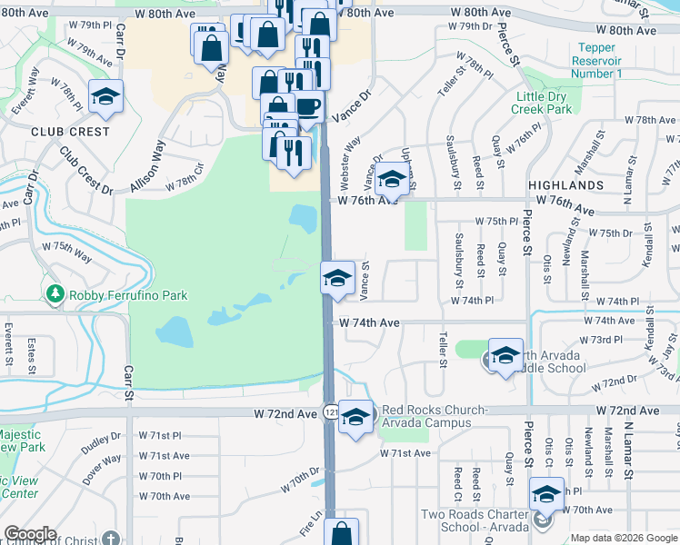 map of restaurants, bars, coffee shops, grocery stores, and more near 7471 Webster Street in Arvada