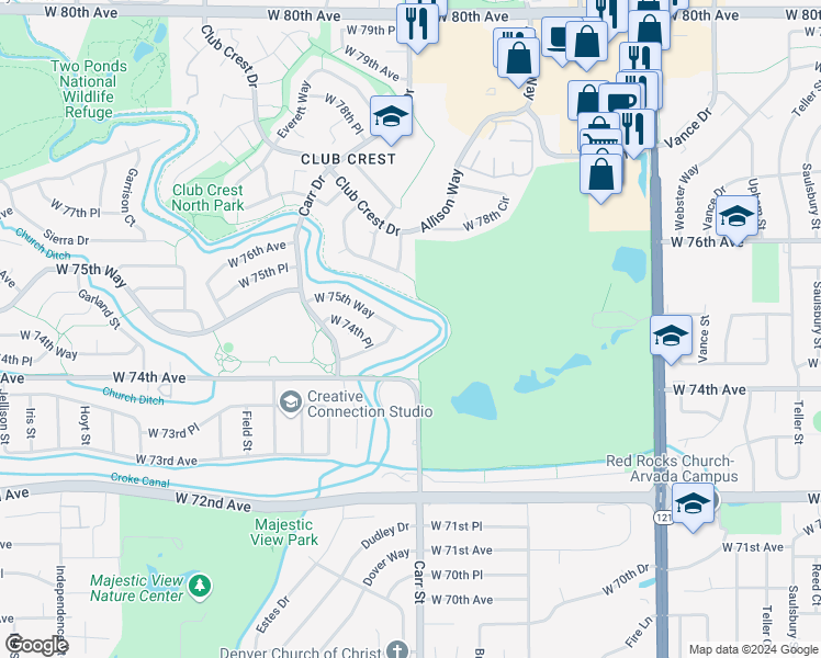 map of restaurants, bars, coffee shops, grocery stores, and more near 8339 West 75th Way in Arvada