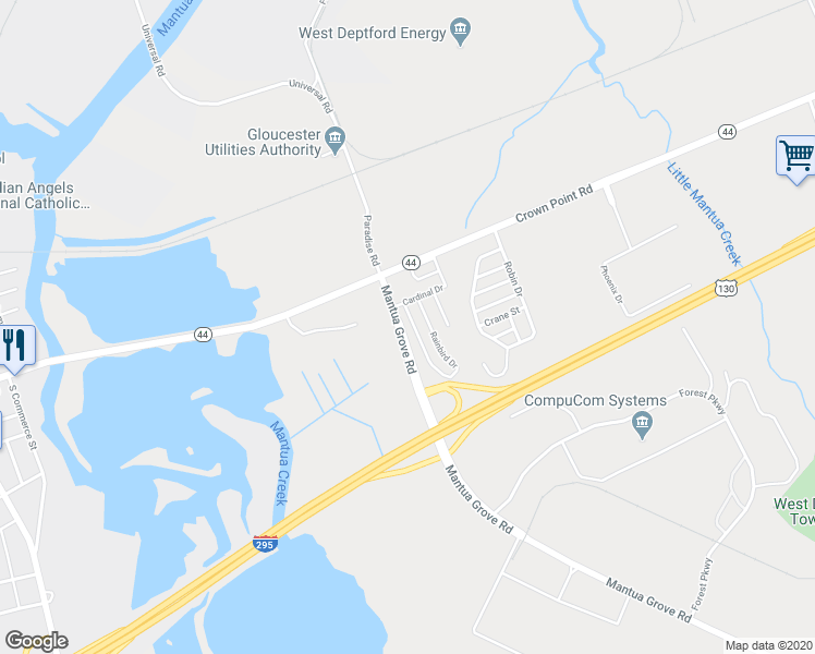 map of restaurants, bars, coffee shops, grocery stores, and more near 45 Mantua Grove Road in West Deptford