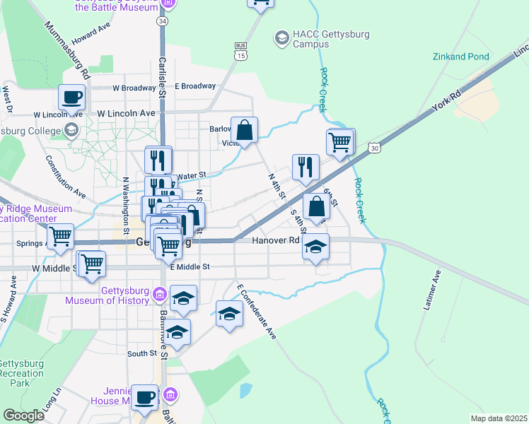 map of restaurants, bars, coffee shops, grocery stores, and more near 324 York Street in Gettysburg