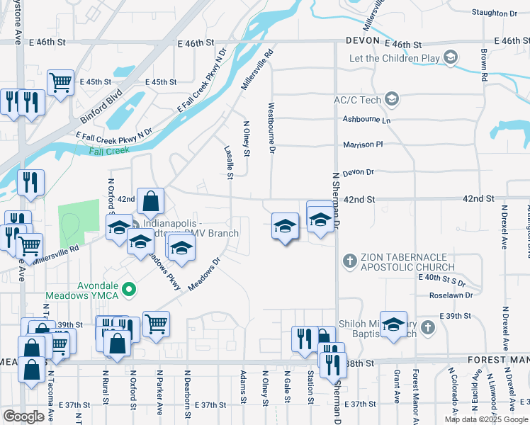 map of restaurants, bars, coffee shops, grocery stores, and more near 3609 Bunker Hill Drive in Indianapolis