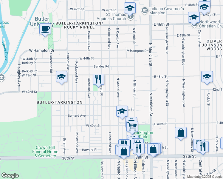 map of restaurants, bars, coffee shops, grocery stores, and more near 4218 Graceland Avenue in Indianapolis